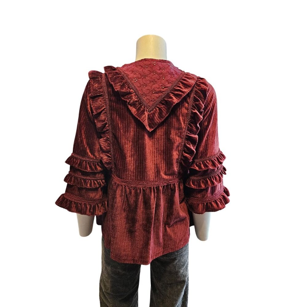 POL Ruffled Velvety Boho Eyelet Ribbed Babydoll Deep Burgundy Top Women S - Picture 2 of 7